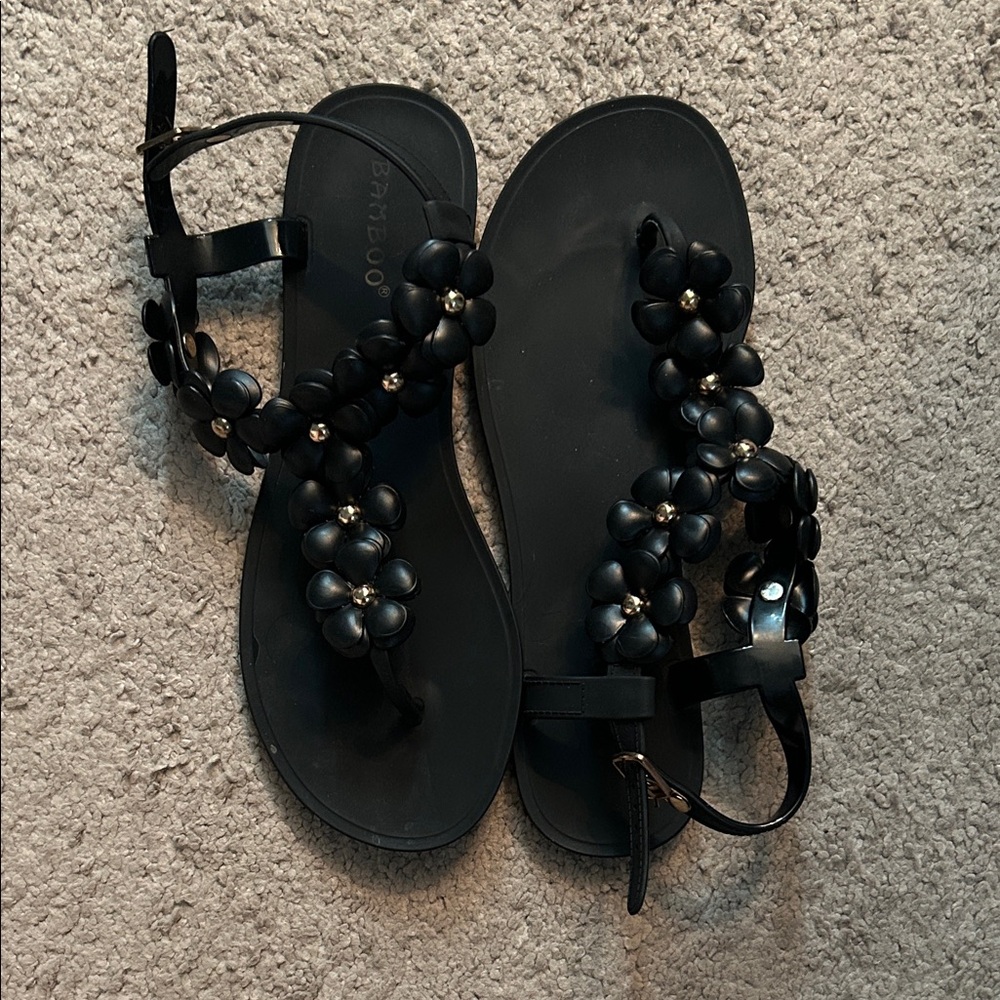 Black Floral Embellished Jelly Sandals